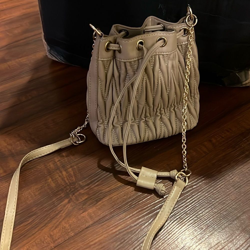 Tan Bucket Bag - Ruffled Bag Chain Strap NEW Long Crossbody Bucket Bag